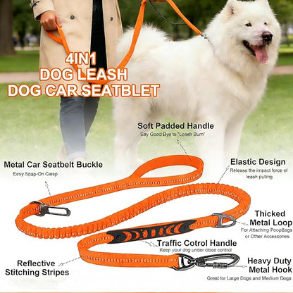 Dog Leash Heavy Duty, 4-6FT Bungee Leash Dog Seat Belt for Car With 2 Padded Handles, Strong Shock Tactical Tug Leashes Reflective Rope Lead for Medium L X-Large Dogs Walking Running Training (Orange)