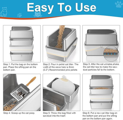 XXL All Stainless Steel Sifting Litter Box with Lid,Sifting Cat Litter Box for Wood Pine Pellets,16''High Sides Sifter Litter Pan System,Odor Control,Easy to Clean,with Liners and Scoop