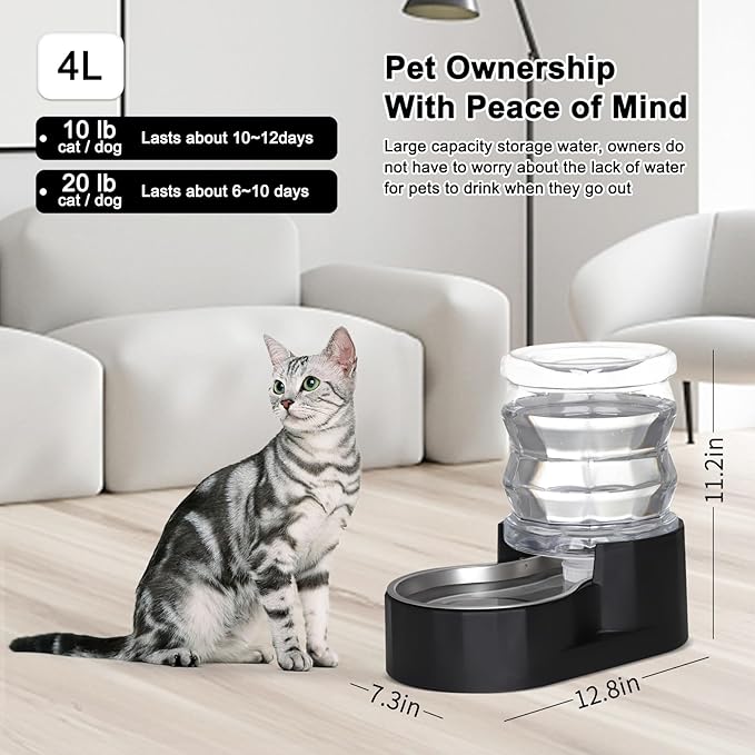 RIZZARI Automatic Gravity Pet Waterer Dispenser : 4L Black Stainless Steel Bowl Without Filter - Spill-Proof and Leak-Proof - Large Capacity Feeder for Dogs & Cats - Ideal for Kitchen or Hallway Use