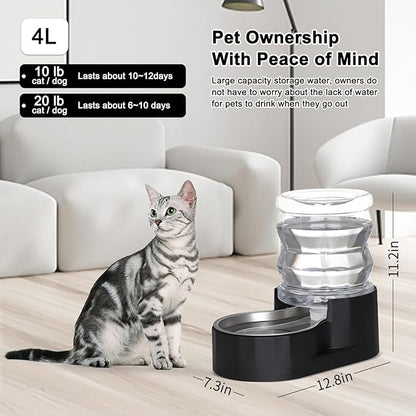 RIZZARI Automatic Gravity Pet Waterer Dispenser : 4L Black Stainless Steel Bowl Without Filter - Spill-Proof and Leak-Proof - Large Capacity Feeder for Dogs & Cats - Ideal for Kitchen or Hallway Use