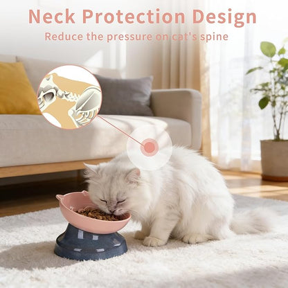 Elevated Slow Feeder Cat Bowl, 15° Tilted Ceramic Raised Cat Bowl for Indoor Cats, Anti Vomiting Design, Cute Cat Ear Heavy Base, Whisker Friendly Healthy Feeding Dish (Pink)