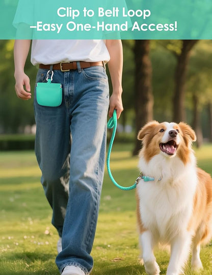 RBibei【One-Hand Access Silicone Dog Treat Pouch, Small Pocket Sized Training Pouch with Pull Tab & Auto Closing Lid for Easy Pet Training & Walking (Turquoise)