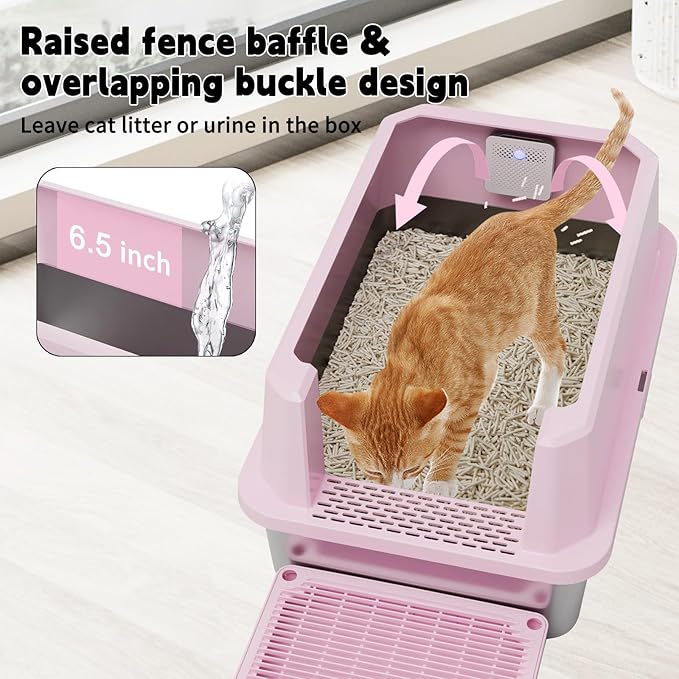 RIZZARI Stainless Steel Litter Box: Large Pink Leakproof Open Tray with Wipe-Clean Design - Odor Control - Teflon Non-Stick - with Deodorizer - 2 Pack - for Cats Up to 20 lbs - in Bathroom Restroom