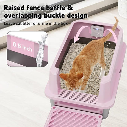 RIZZARI Stainless Steel Litter Box: Large Pink Leakproof Open Tray with Wipe-Clean Design - Odor Control - Teflon Non-Stick - with Deodorizer - 2 Pack - for Cats Up to 20 lbs - in Bathroom Restroom