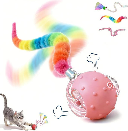 Interactive Cat Toys for Indoor Cats with 3 Interchangeable Tails - Automatic Moving & Chirping Ball, Self Play Toy for Playful Kittens & Bored Cats Home Alone (Pink)