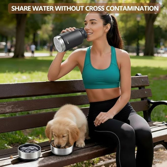 Insulated Dog Water Bottle with 2 Bowls, 32oz Insulated Stainless Steel Travel Bottle for Pets, Leak-Proof Portable Design for Hiking, Camping & Travel (Black)