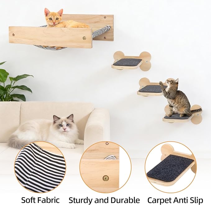 Cat Wall Hammock with 3 Steps, Pine Wood Wall Mounted Kitty Bed & Climbing Shelves up to 30lbs, Cat Furniture for Indoor Sleeping and Playing, Space Saving