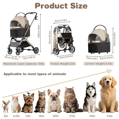 4 Wheels Pet Stroller for Small Medium Dogs Cats Up to 45 lbs Folding Dog Stroller with Detachable Breathable Carrier Suitable for Car Seat, Hand Carry & Travel, All Terrain, 3 in 1 Multifunctional