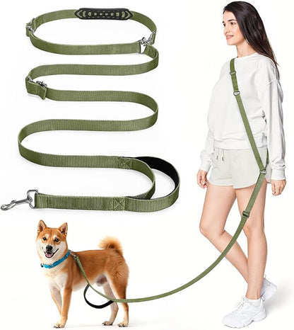 Hands Free Dog Leash, 8.5ft Adjustable Hands Free Leash for Medium Dogs, Versatile Handheld Crossbody Waist Lead with 3 Rings, Easy Adjust for Running Jogging Walking, Sponge Handle, Army Green