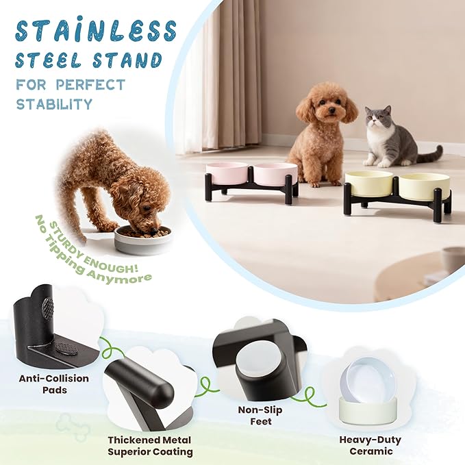 Elevated Ceramic Dog Bowl Set - Cute Double Dishes with Stainless Steel Stand – Raised Feeding Bowls for Cats and Small Dogs - Food & Water Set - 5" / 1.4 Cups (140 g / 260 ml) - Yellow
