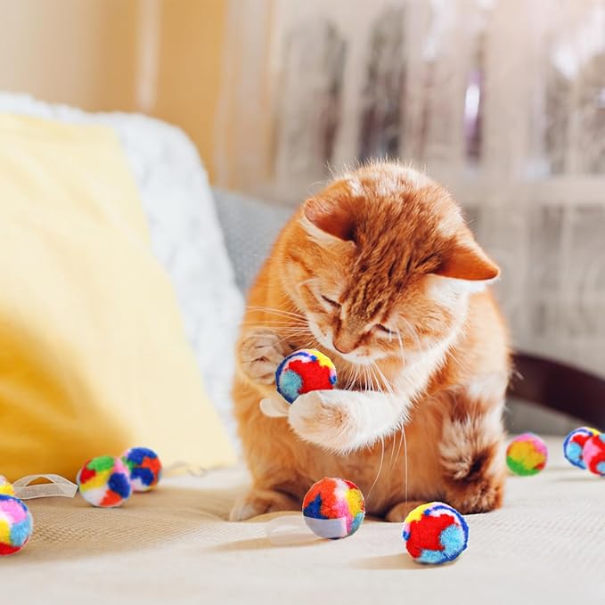 Nicunom 60 PCS Cat Pom Pom Balls, 1.7Inch Rainbow Cat Toy Balls, Soft Plush Cat Ball Fuzzy Kitty Balls Colorful Kitten Puff Ball for Pet Kitten Interactive Playing Exercising Chasing