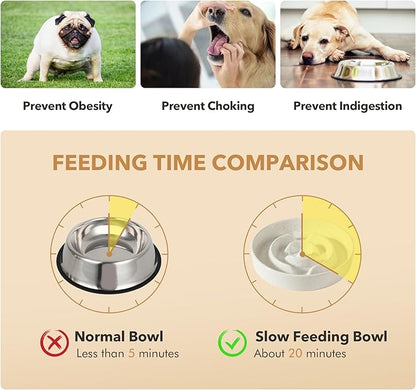 Ceramic 1.2 Cup Raised Slow Feeder Dog Bowl Set, Elevated 6.1inch Bowl and 7.3inch Dish with Acacia Wood Stand for Small and Medium Dogs(2 x Vanilla White+ Stand)