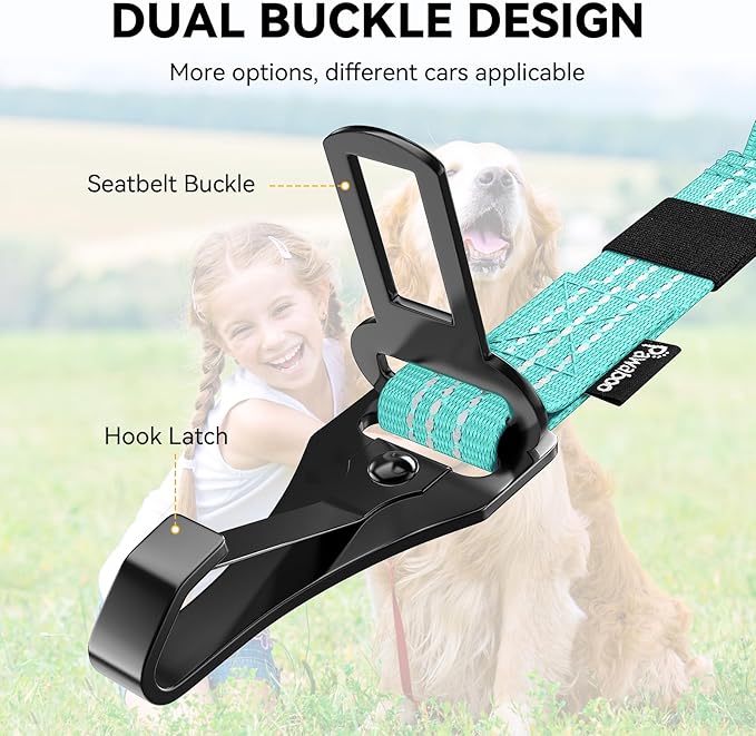 Pawaboo 2Pack Dog Seatbelt for Car, 3-in-1 Dog Car Seat Belt, Shockproof Dogs Tether with Buckle & Hook Latch, Adjustable Reflective Dogs Cars Leash with 360° Lockable Buckle, Lake Blue + Black