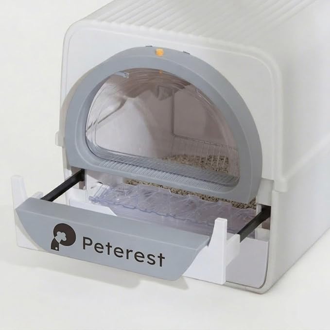 Semi-Automatic Self Cleaning Cat Litter Box for Large Cats, Pull-Push Easy Clean Litter Box with Lid, Dog Proof, Extra Large, White (Micro Crystal Litter Included)