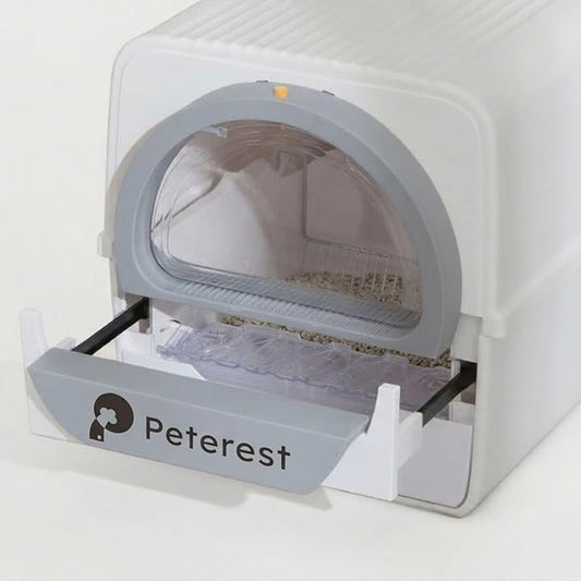 Semi-Automatic Self Cleaning Cat Litter Box for Large Cats, Pull-Push Easy Clean Litter Box with Lid, Dog Proof, Extra Large, White (Micro Crystal Litter Included)