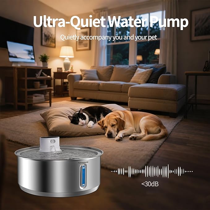 Wireless Dog Water Fountain, 2.1Gal/8L Battery Operated Stainless Steel Pet Water Fountain Motion Sensor Dog Water Bowl Large Cat Bowl Inside with 3 Filters and 2 Ultra Quiet Pumps