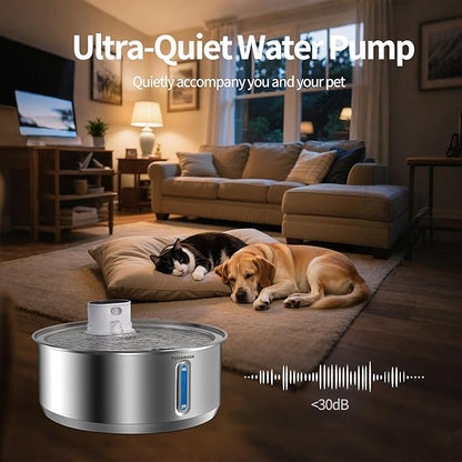 Wireless Dog Water Fountain, 2.1Gal/8L Battery Operated Stainless Steel Pet Water Fountain Motion Sensor Dog Water Bowl Large Cat Bowl Inside with 3 Filters and 2 Ultra Quiet Pumps