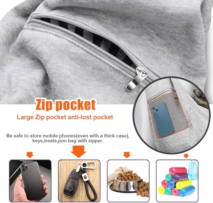 Tomkas Small Dog Cat Sling Carrier Puppy Purse Travel Wrap Soft Crossbody Pet Bag (Grey, M - Zip Pocket & Adjust Strap)