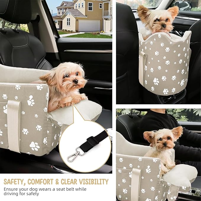 Cullaby Dog Car Seat for Small Dogs (Under 15 lbs) – Center Console Pet Carrier with Safety Belt, Storage Pockets & Removable Washable Cover (Khaki Car Seat)