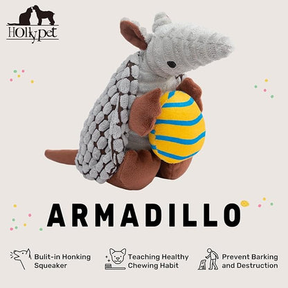 Hollypet Plush Dog Squeaky Toy Stuffed Armadillo Animal Pet Puppy Chew Toys with Clean Teeth for Small Medium Large All Breed Sizes Dogs, Gray, 8 in, Yellow Easter Egg with Blue Stripes