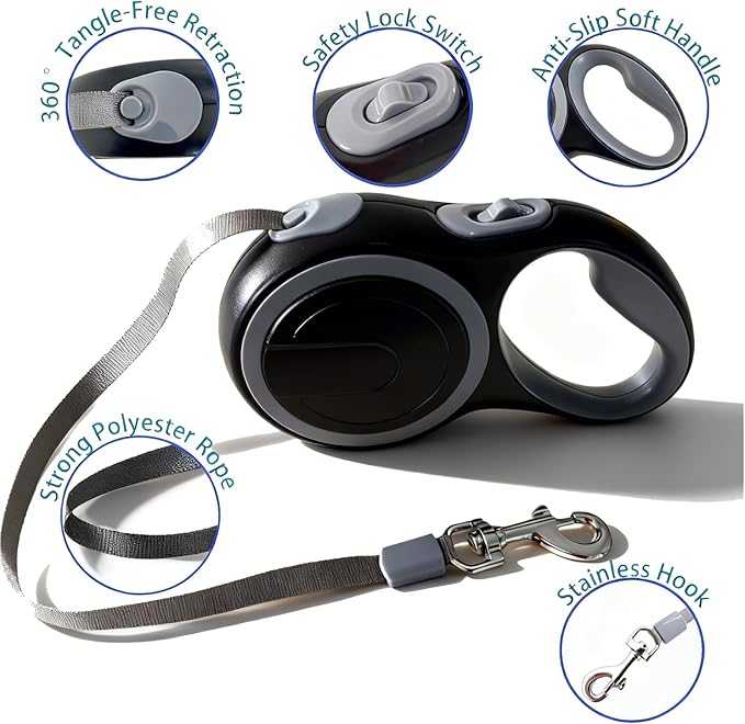 Retractable Dog Leash 16 FT Walking Leash Up to 44 lb, 360° Tangle-Free Dog Leashe, Strong Nylon Tape No Tangle, Explosion-Proof Carabiner, Anti-Slip Handle (Black, 16FT)