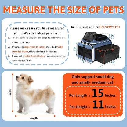 Petskd Top and Side Expandable Pet Carrier with Wheels 18x11x11 Inches Delta United Airline Approved, Soft-Sided Carrier for Small Cats and Dogs with Locking Safety Zippers and Anti-Scratch Mesh(Blue)