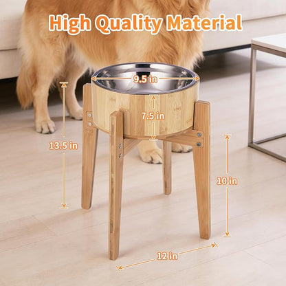Elevated Dog Bowls for Large Dogs Feeder Two Bowls with a Stainless Steel and Bamboo Dishes，Raised Dog Bowl Stand with Non-Slip Feet，Ideal for Medium and Large Breeds， (13.5-inch High)