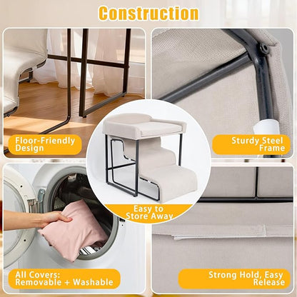 Dog Window Perch with Removable Stairs, Cat Window Seat with Cushioned Platform, Non-Slip Bedside Foam Pet Bed for Cats and Dogs, Beige