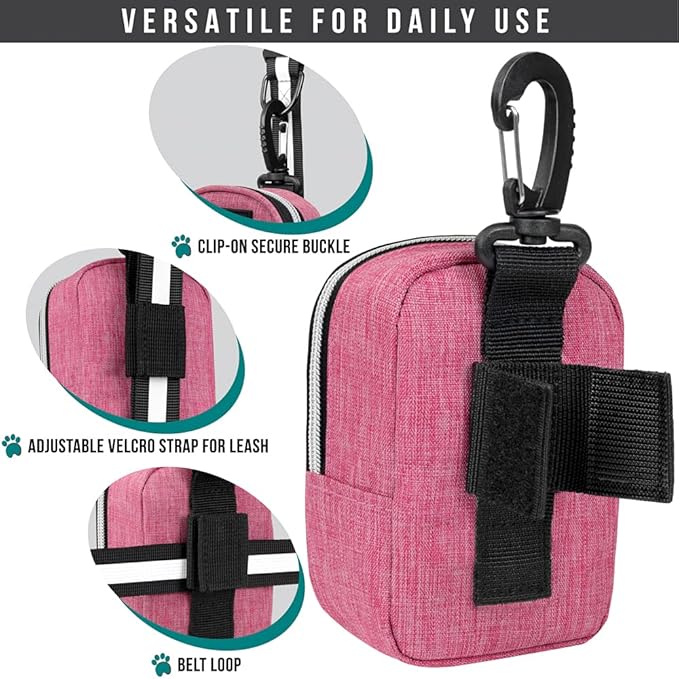 PetAmi Dog Poop Bag Holder For Leash, Dog Pet Waste Bag Dispenser For Poop With Clip For Doggie Puppy Walking Accessories Travel Camping, Dog Treat Pouch Supplies, Pink