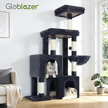 Globlazer Cat Tree Condo Tower for Multiple Indoor Cats, 52in Multi-Level Cat Scratching Tree with 2 Cat Condos, 5 Sisal Scratching Posts, 2 Padded Perches, Big Basket, Widened Base, S52, Dark Grey