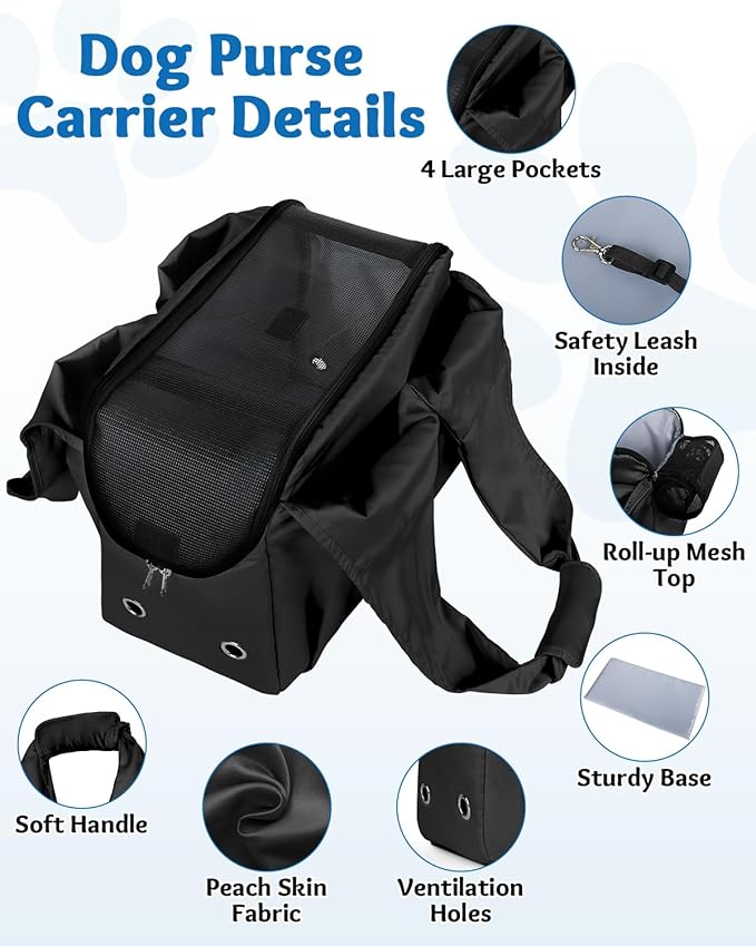 Dog Purse Carrier for Small Dogs and Cats up to 15 lbs, Portable Soft Sided Travel Pet Tote Bag with 4 Large Pockets,Foldable Puppy Bag Carrier for Outings and Travel (Black)