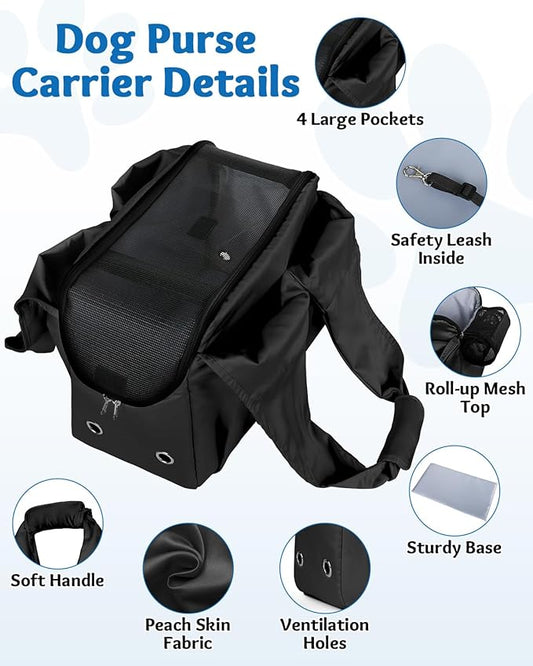Dog Purse Carrier for Small Dogs and Cats up to 15 lbs, Portable Soft Sided Travel Pet Tote Bag with 4 Large Pockets,Foldable Puppy Bag Carrier for Outings and Travel (Black)