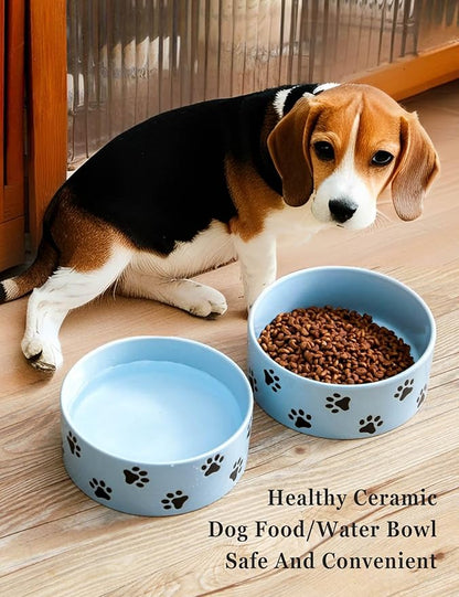 6.5 Inch Blue Ceramic Dog Bowl with Paw Print Pattern - Porcelain Wide Mouth Dog Food or Water Bowls, Large Feeding Pet Bowls for Indoor Medium Sized Dogs, for Wet or Dry Food