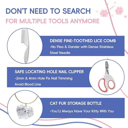 Cat Brushes For Indoor Cats, Cat Shedding Brush With Pet Flea Comb & Pet Nail Clippers, Slicker Brush For Dogs & Rabbit Grooming Kit, Spray Hair Removal Comb With Release Button & Visual Spray, White