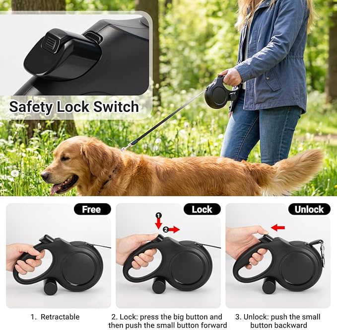 Segarty 26 Ft Walking Lead with Poop Bag Holder for Dogs 66 lbs - 110 lbs, 360°Tangle-Free Leash with Anti-Slip Handle & One-Handed Brake Pause Lock, 8m Retractable Leash for Dog Pets Outside Activity