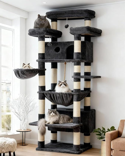 Cat Tree for Indoor Cats Large Adult, 74" Cat Tower with 3 Big Platforms, 2 Baskets, 2 Condos, Multi-Level Cat Scratching Posts, Smoky Gray GCT030G