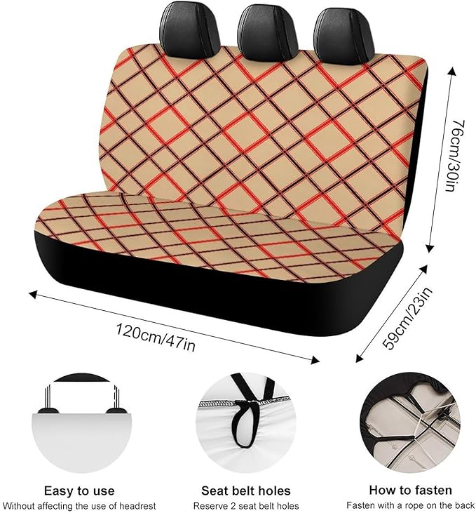 Fashion Universal Stretch Back Seat Protector, Car Accessories Rear Bench Seat Covers For Trucks SUV, Car Interior Decor Seat Cover Compatible with Black Red Beige And White Plaid Tartan Flannel
