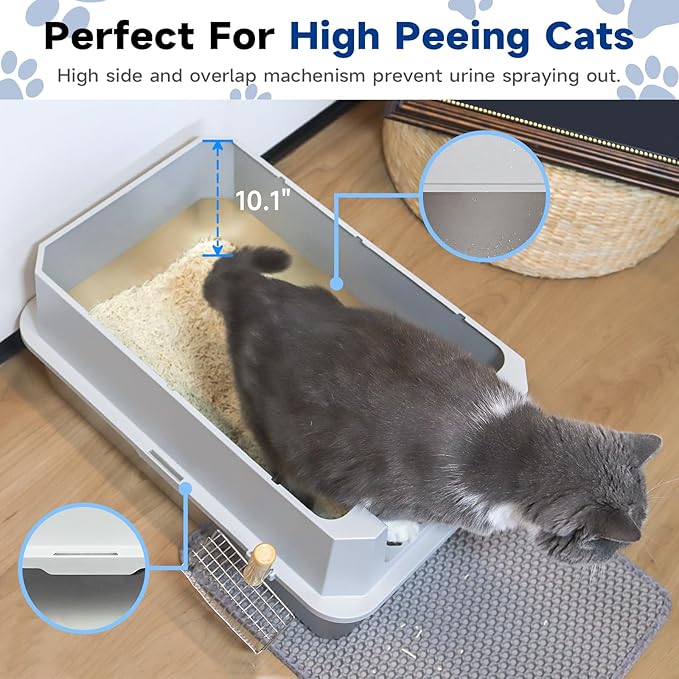 TENTIZON Stainless Steel Cat Litter Box with Lid, Large Covered Enclosed Kitty Litterbox with Hood, Flip Top, High Side, Litter Mat, Scoop for Big Cats, Kitten, No Odor, No Mess, Easy Clean, Grey