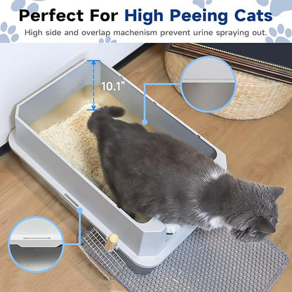 TENTIZON Stainless Steel Cat Litter Box with Lid, Large Covered Enclosed Kitty Litterbox with Hood, Flip Top, High Side, Litter Mat, Scoop for Big Cats, Kitten, No Odor, No Mess, Easy Clean, Grey