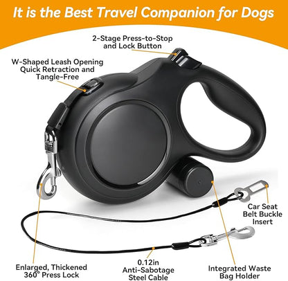Upgraded Retractable Dog Leash with Chew Proof Cable, 26ft Heavy Duty Dog Leash for Large Dogs up to 110lbs, No-Tangle, Non-Slip Handle, One-Handed Brake, with Poop Bag Holder (Black, L 26ft)