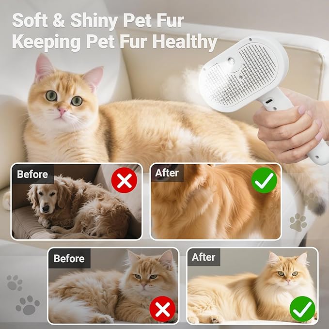 Pet Steam Brush for Cat & Dog, 5-in-1 Pet Spray Hair Removal Comb for Reducing Shedding, Grooming Brush for Long Short Haired Cat & Dog, No-Rinse Foaming Cleanser for Cleaning Paw