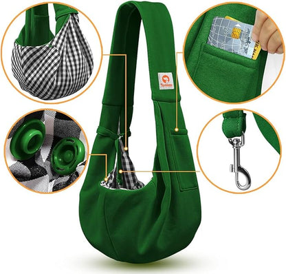Tomkas Small Dog Cat Sling Carrier Puppy Purse Travel Wrap Soft Crossbody Pet Bag (Emerald Green, M - Classic Pocket & Classic Strap)