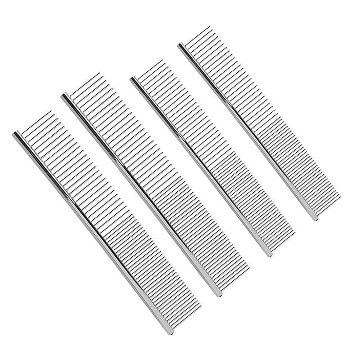 4 Pcs Stainless Steel Pet Comb Set, Dematting Grooming Tool for Dogs and Cats, Medium and Small Size Combs for Daily Home Detangling Long Short Animal Hair, for Pet Owner and Home Grooming