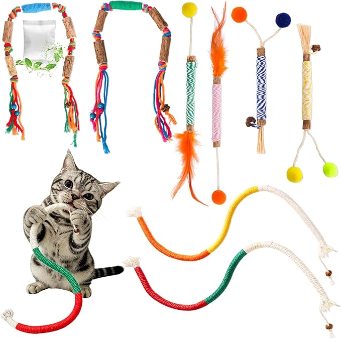 Catnip Toys for Indoor Cats - Silvervine Sticks & Cat Chew Toys for Teeth Cleaning - Refillable Natural Catnip & Silvervine Kit for Kittens & Adult Cats - 8 Pack