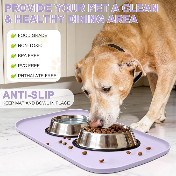 Silicone Pet Food Mat with Raised Edge for Food and Water Bowl, Dog Feeding Mats, Cat Food Trays for Floor Waterproof, Rubber Tray for Dogs and Cats, 24 x 16 x 0.8 Light Purple