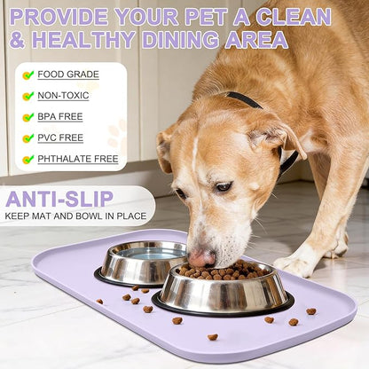 Silicone Pet Food Mat with Raised Edge for Food and Water Bowl, Dog Feeding Mats, Cat Food Trays for Floor Waterproof, Rubber Tray for Dogs and Cats, 24 x 16 x 0.8 Light Purple