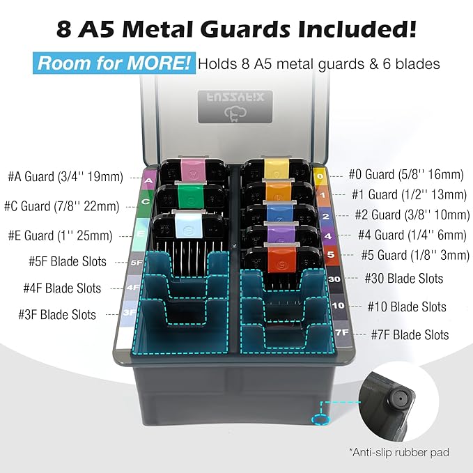 Professional Animal Stainless Steel Attachment Guide Comb Set with Storage Box for A5 Detachable #10, #15, #30 Blade Dog Clippers, Compatible with most Pets, Dogs, Cats, Horses Clippers