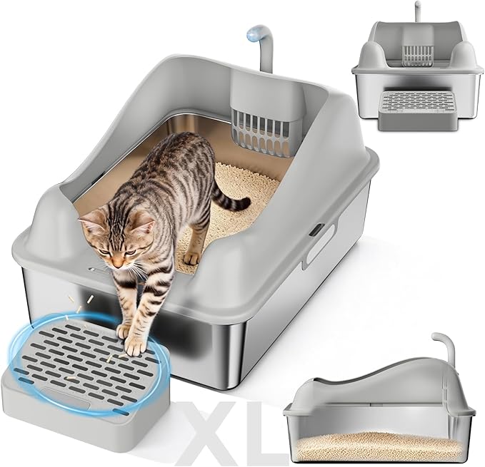 GTPLAYER Stainless Steel Cat Litter Box XL - Extra Large High-Sided Open-Top Metal Litter Box for Large & Multi-Cat Homes, Splash Guard, Low Entry, Easy Clean 304 Steel with Step, Mat & Scoop, Grey