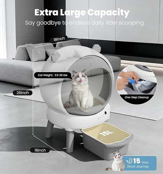 Self Cleaning Litter Box for Multiple Cats, Automatic Litter Box with APP Real-Time Monitor, Dual Safety Protection, Odor-Free Waste Disposal Includes Trash Bags, Gray