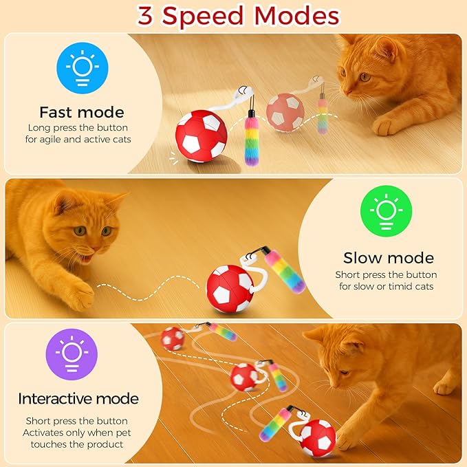 VIWIK Interactive Cat Toys for Indoor Cats, Automatic Motion Activated Kitten Ball Toy, Moving Stimulation Cat Toys for Bored Indoor Adult Cats, Low Noise Fast Rolling Moving Ball Red